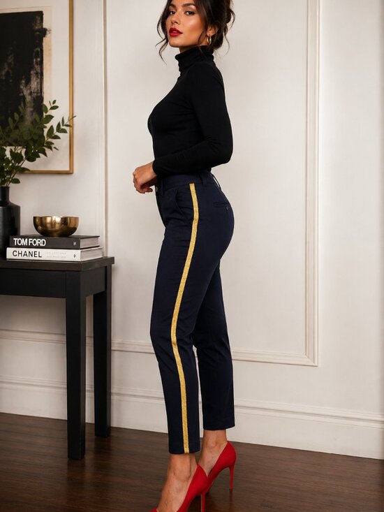 GAP Pants - Gap Navy Skinny Ankle Pants Gold Side Stripe Size 0 Tailored Stretch Career Prep